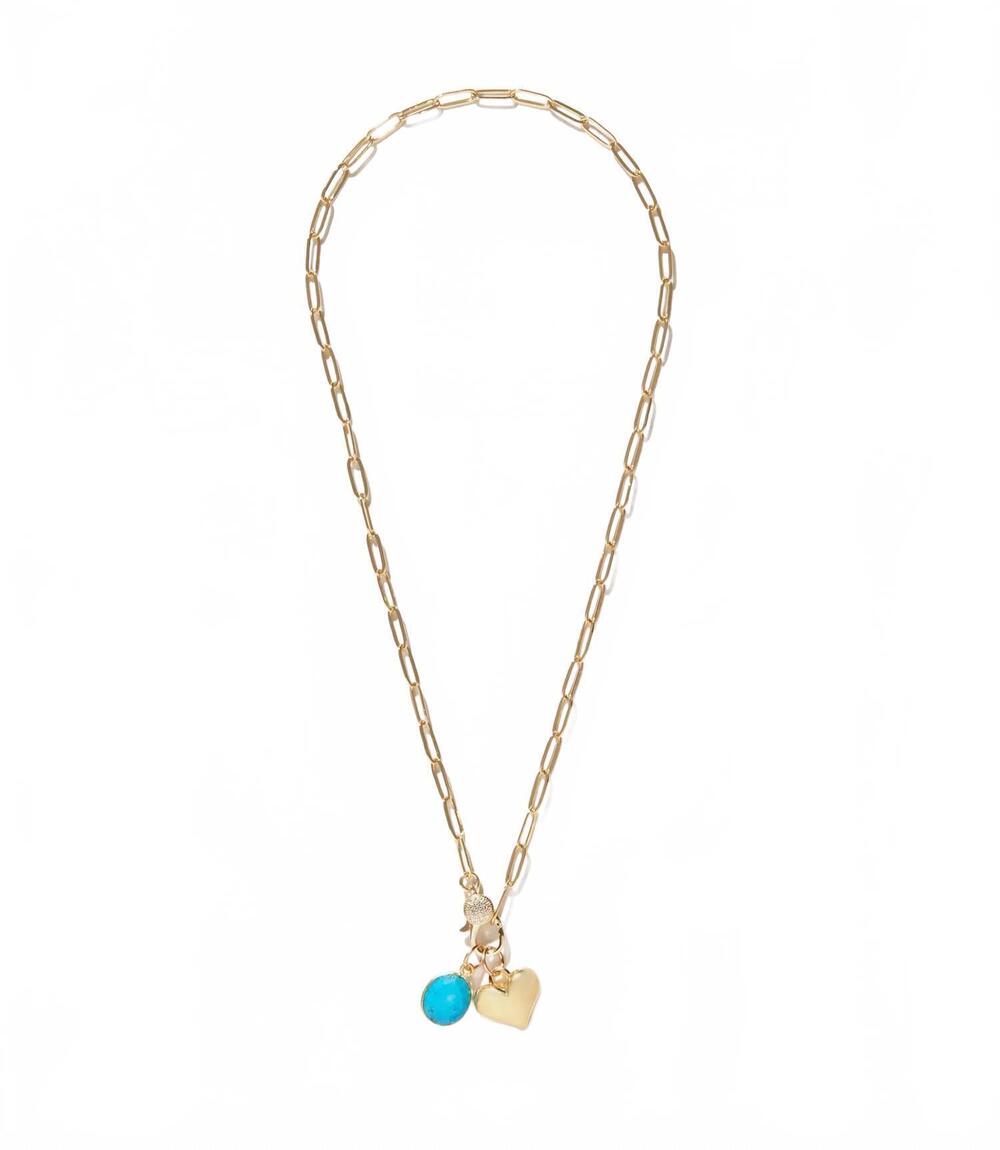 NEW KNOTTY BLING women's turquoise stone and heart charm necklace in gold
